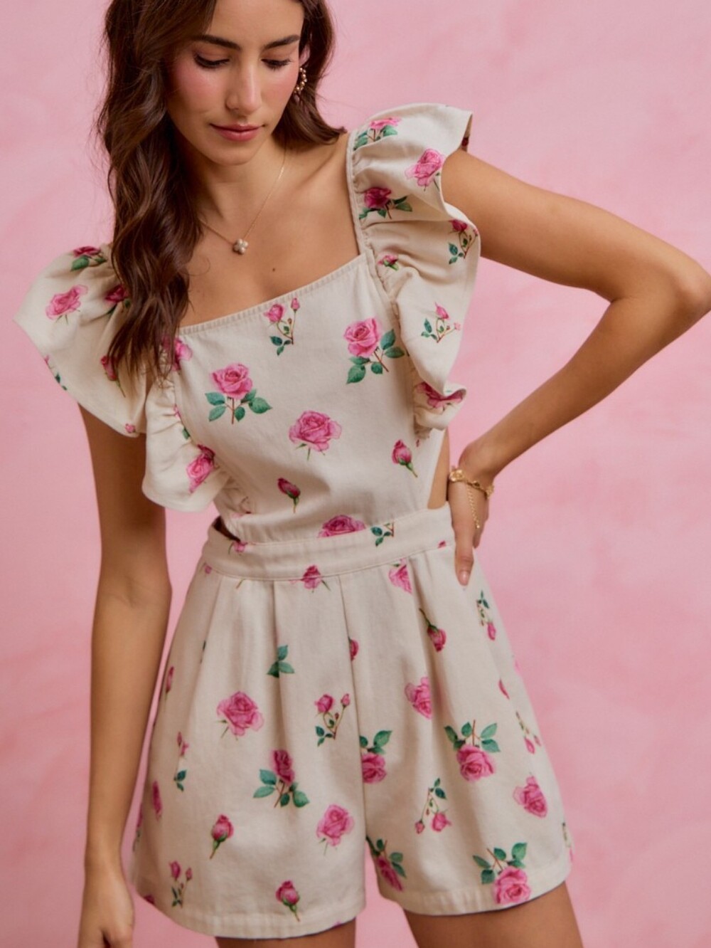 Rosy Days Denim Romper